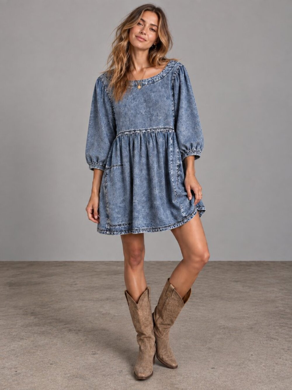 FREE PEOPLE Get Obsessed Babydoll Mini Dress Acid Wash Denim Puff Sleeve Boho S